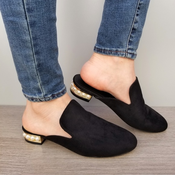 Suede Slip On Loafer Mule Pearl Accents on Heel -B - Picture 2 of 7